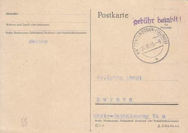 F.Zone - KATZENELNBOGEN  (TAUNUS) - Gebühr bezahlt - Brief - 1945