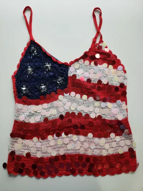 Womens Crochet Tank Top Size Small Sequin American Flag Patriotic Red White Blue