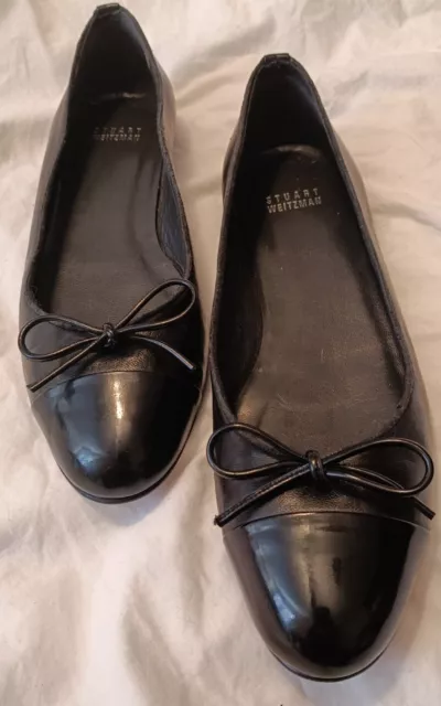 Stuart Weitzman Black Leather Cap Toe Ballet Flats Slip On Shoes Womens 8 M