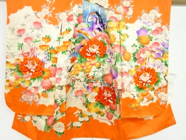 40851# Japanese Kimono / Antique Kimono For Girls / Peony With Juni Hitoe
