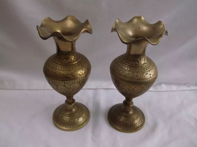 VINTAGE PAIR INDIAN BRASS FLUTED POSY VASES Etched Pattern Height 17 cm