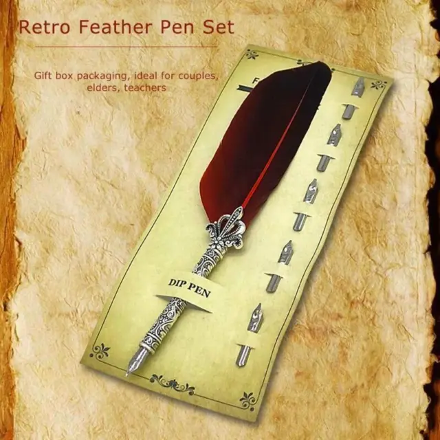 Red Feather Dip Pen + 5 Nibs - Calligraphy Quill Fountain Writing Ink Set