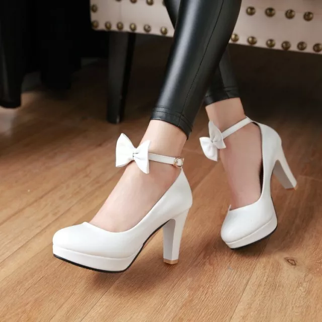 Womens Lolita Mary Janes Bowtie High Heel Round toe Ankle Strap Pumps Shoes Plus