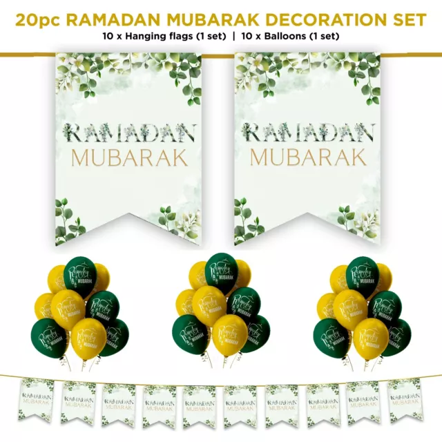 Ramadan Mubarak 20pc Decoration Set Balloons Bunting Green & Gold Leaves Banner 2