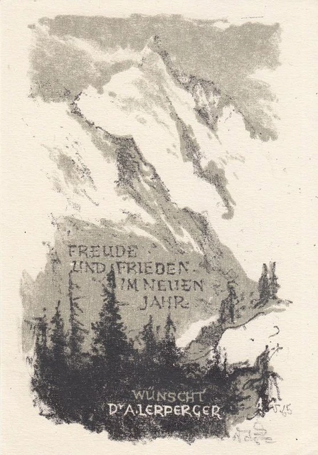 Neujahrsgruß Lithographie Jaroslav Vodrazka 1894-1984 Alpen Matterhorn