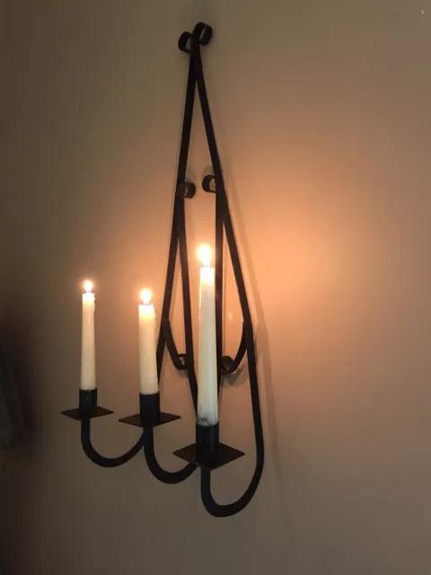 Antique Hand Forged Iron Tri Candle Wall Sconce Rustic Primitive Gothic Scrolled