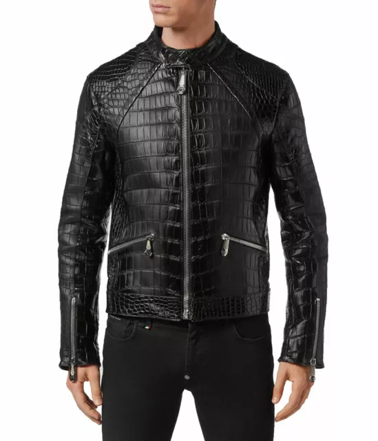 Men's Alligator Motorcycle Black Faux Leather Jacket