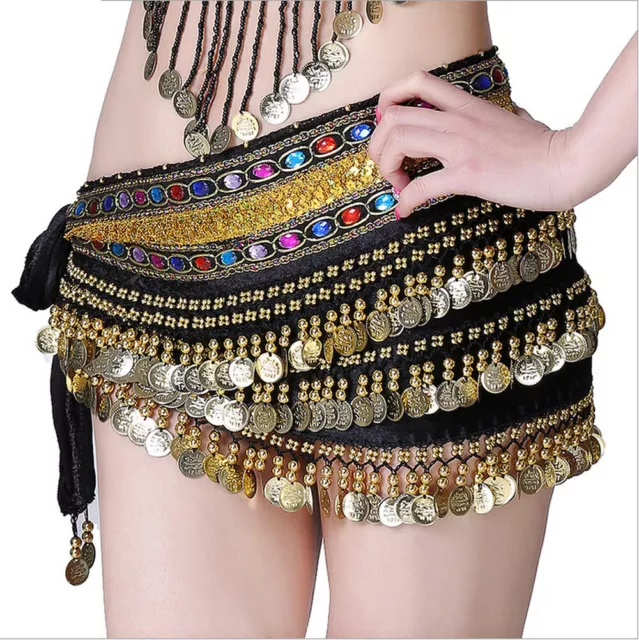 Christmas Belly Dance Costume Hip Skirt Wrap Belt Diamond Gold Coins Party Skirt