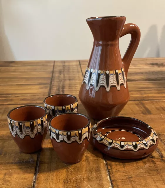 Vintage Troyan Bulgarian Glazed Terra Cotta Pottery Pitcher w/ 3 cups & Ashtray