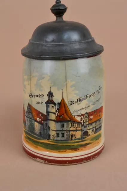 KLEINER ANDENKEN KERAMIK BIERKRUG MIT ZINNDECKEL UM 1900 - ROTHEMBURG o.d.Tauber