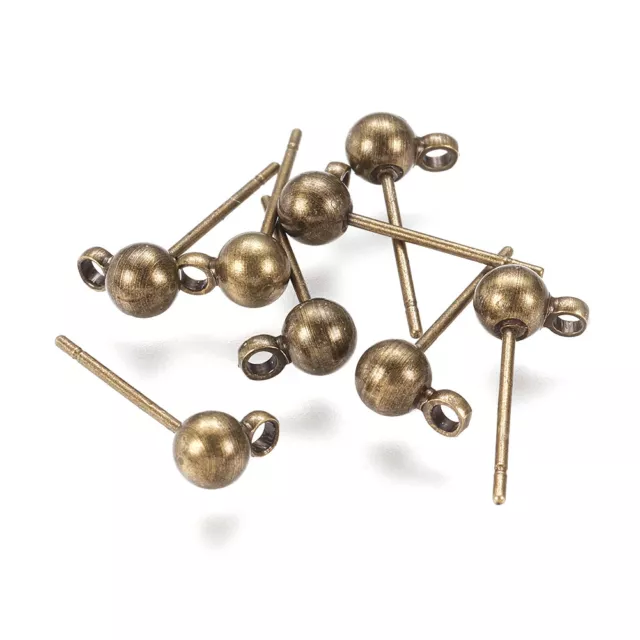 20pcs Brass Ball Earring Posts Antique Bronze Stud Findings w/ Loop Ring 15x4mm