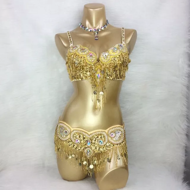 Beaded Belly Dance Costume Bra +Belt 2 Piece Set Womens Sexy Carnival Party Wear