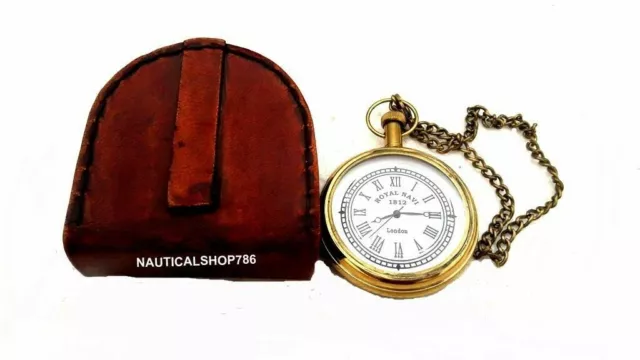 Nautical Pocket Watch Brass Marine Chain Clock Collectible Gift Item With Case