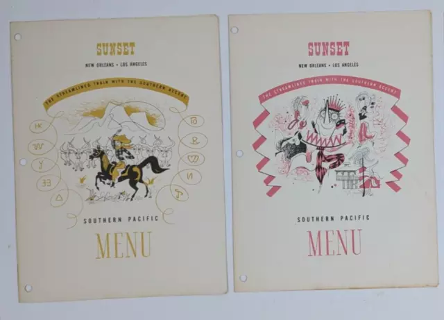 2 Southern Pacific Railroad Sunset Menu New Orleans-Los Angeles Breakfast Dinner