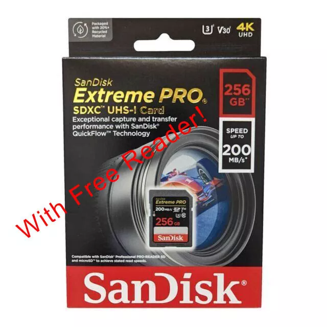 SanDisk Extreme PRO 256GB SDXC UHS-I,V30/4K/UHD Speed to 200MB/S* W/ Free Reader