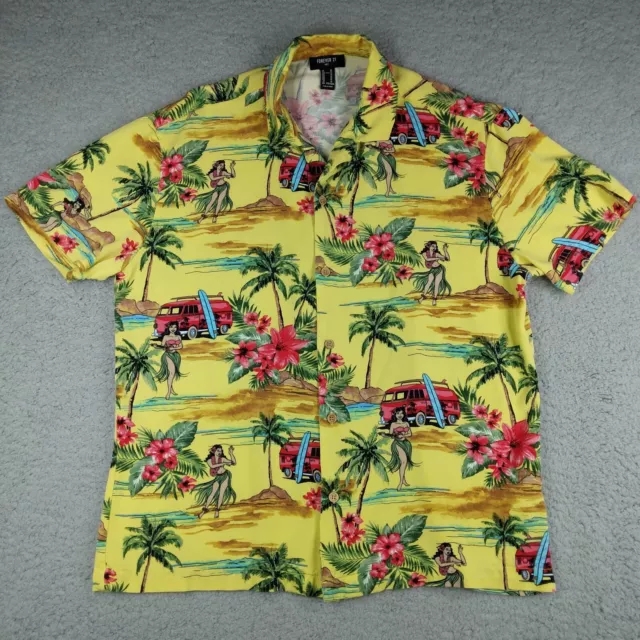 Forever 21 Hawaiian Shirt Mens Medium Yellow Hula Girl Surfboard Beach Van