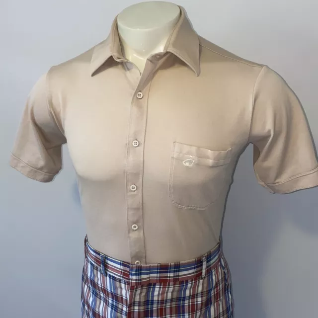 Vtg 60s 70s Jockey Shirt Tan Golf Tennis Mid-century Big collar THIN Mens LARGE