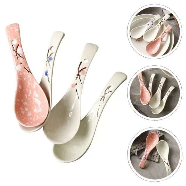 4 Pcs spoon Chinese Soup Spoons Plum Japanese Ramen Noodles Ceramic Hand-Pulled