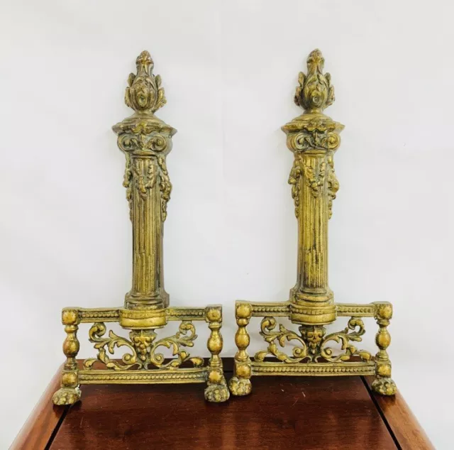 Pair Antique Neoclassical Style Brass Andirons