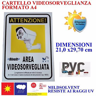 New Cartello Targa Area Videosorvegliata  Videosorveglianza 21 X 30 Cm