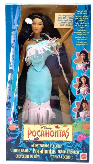 1995 Disney Pocahontas Shining Braids Ultra Long Hair Puppe / Mattel 15416, NrfB