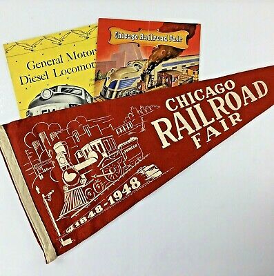Lot 1948 Chicago Railroad Fair Pennant GM Diesel Trains Official Guide Book Vtg
