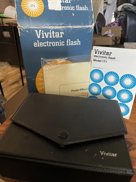 Vintage, Vivitar 171 Electronic Flash, cable, case manual, and original Box.