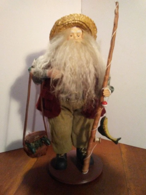 Fishing Fisherman Santa Claus with Pole Basket Fish 16" Tall Christmas Figure