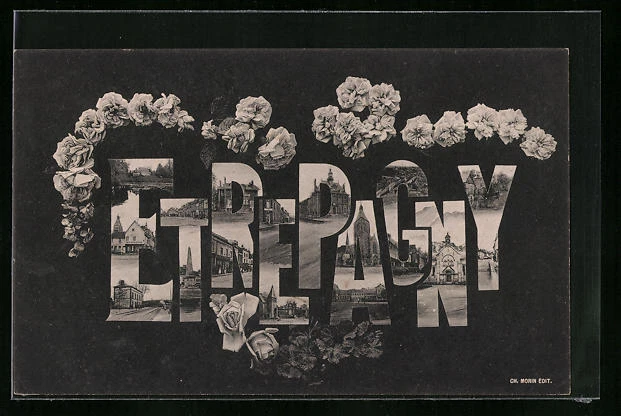 CPA Étrépagny, Schriftzug avec Geschäft, l'Église et monument