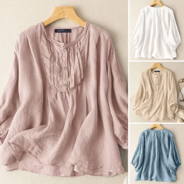 Women Summer O-Neck Casual Loose Pleated Tops 3/4 Sleeves Button Up Blouse Shirt