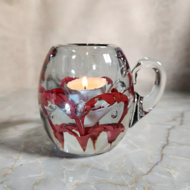 Art Glass Paperweight Candle Holder Clear and Red Home Decor