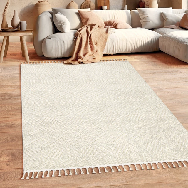 Alfombra Salon De Habitacion Pelo Corto Motivo Boho Chic Motivo Nordica Flecos