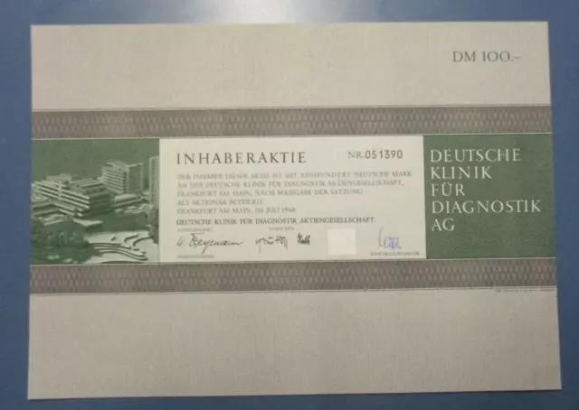 W(42) Deutsche Klinik f. Diagn, Inhaberakt. 100DM, Juli 68 Sammlerst., entwertet