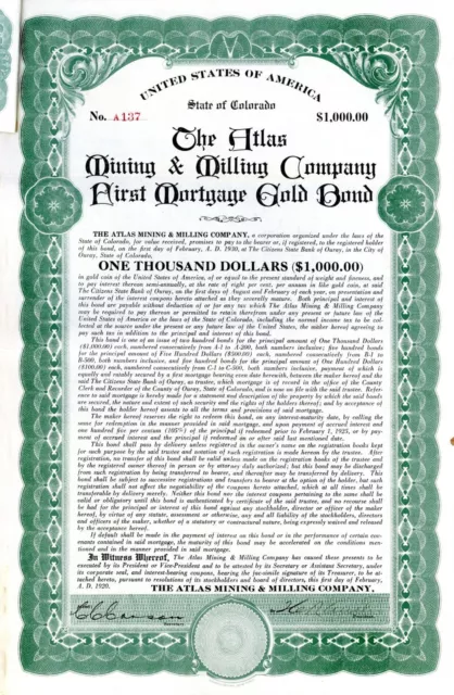 Atlas Mining and Milling Co. - $1,000 Gold Bond (Uncanceled) dated 1920 - Mining