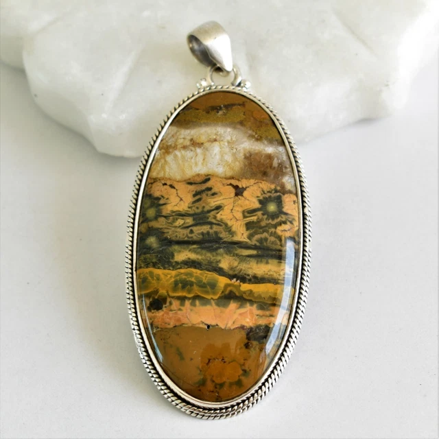 Ocean Jasper Natural Gemstone 925 Sterling Silver Handmade Jewelry Pendant 2.6"