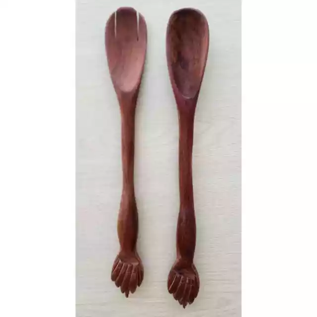 Hand Carved Wood Salad Spoon And Fork With "Monkey Paw" Handles