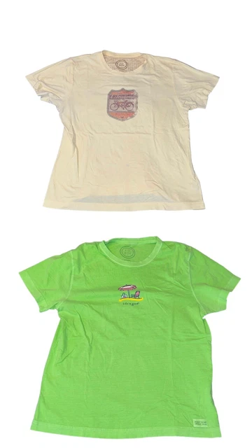 Life is Good Womens T-Shirt Lot (2) pc size Medium Beach Bike Yellow Green