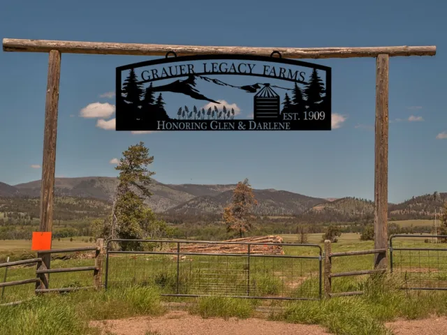 Large Entrance/Gate Farm Sign with Grain and Seed Mill, Mountain Silhouette