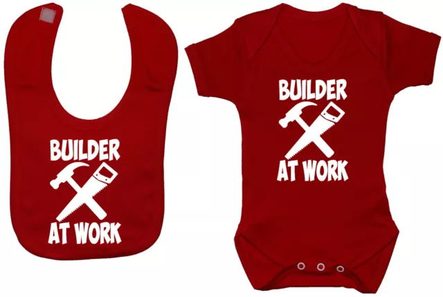 Builder at Work Babygrow Romper Vest Bodysuit & Feeding Bib 0-24m Boy Girl Gift