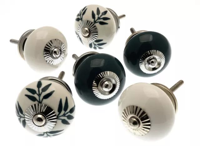 Ceramic Cupboard Wardrobe Door Knobs in Green and White - Set of 6 for Dresser