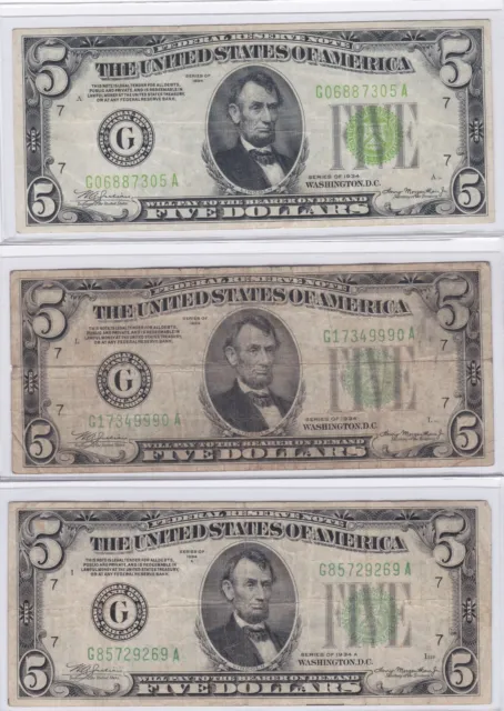 $5 1934/1934-A Federal Reserve Note Chicago Light Green Mule/Non-Mule Lot 3