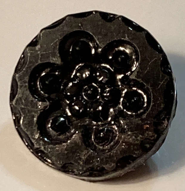 Antique Jet Black Glass Button Geometric Circles Relief Tunnel Shank 9/16"