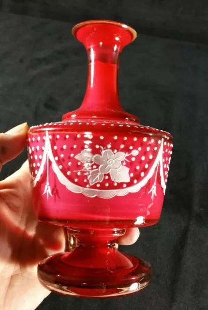 Handpainted Antique Victorian Cased Glass Vase Rose Red WWhite 6 Inches EXC 3