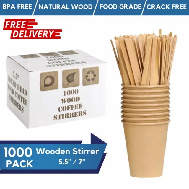 1000 Natural Wooden Coffee Stirrers 5.5" / 7" Eco Friendly Hot Drink Stirrers