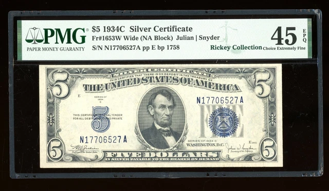 DBR $5 1934-C Silver Fr. 1653W NA Block Wide PMG 45 EPQ Serial N17706527A