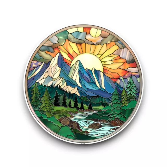 LARGE Mountain Landscape Stained Glass Window Design Opaque Vinyl Sticker Decal