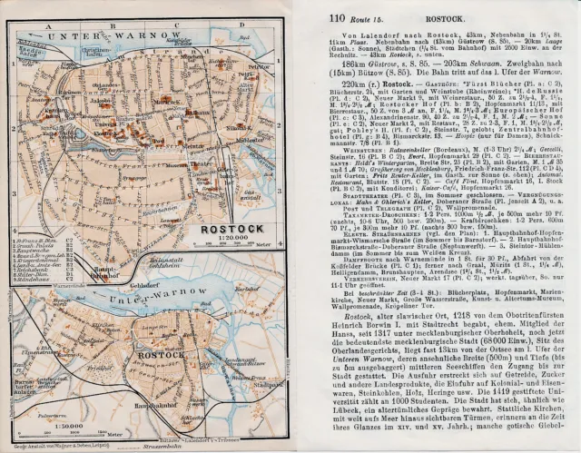 Rostock 1914 orig Stadtplan, Karte + Reisef. (3 S) Neptunwerft Karlshof Synagoge