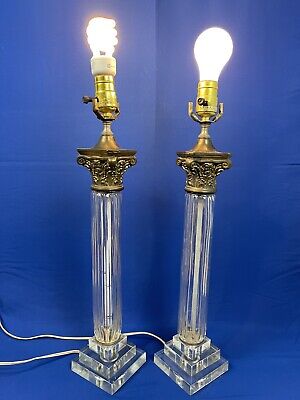 Vintage Brass and Glass Antique Style Pillar Table Lamp Pair