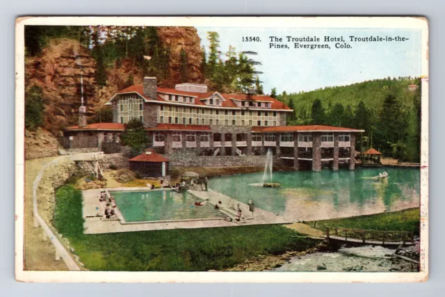 Evergreen CO-Colorado, The Troutdale Hotel Advertising, Vintage c1930 Postcard