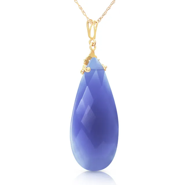 14K. Massivgold Halskette Mit Briolette 31X16 Mm Tiefblau Chalcedon